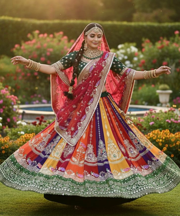 Boutique Range Designer Poshak – 4 MTR Gher Lehenga with Multicolour Pattern & Pure Odhani