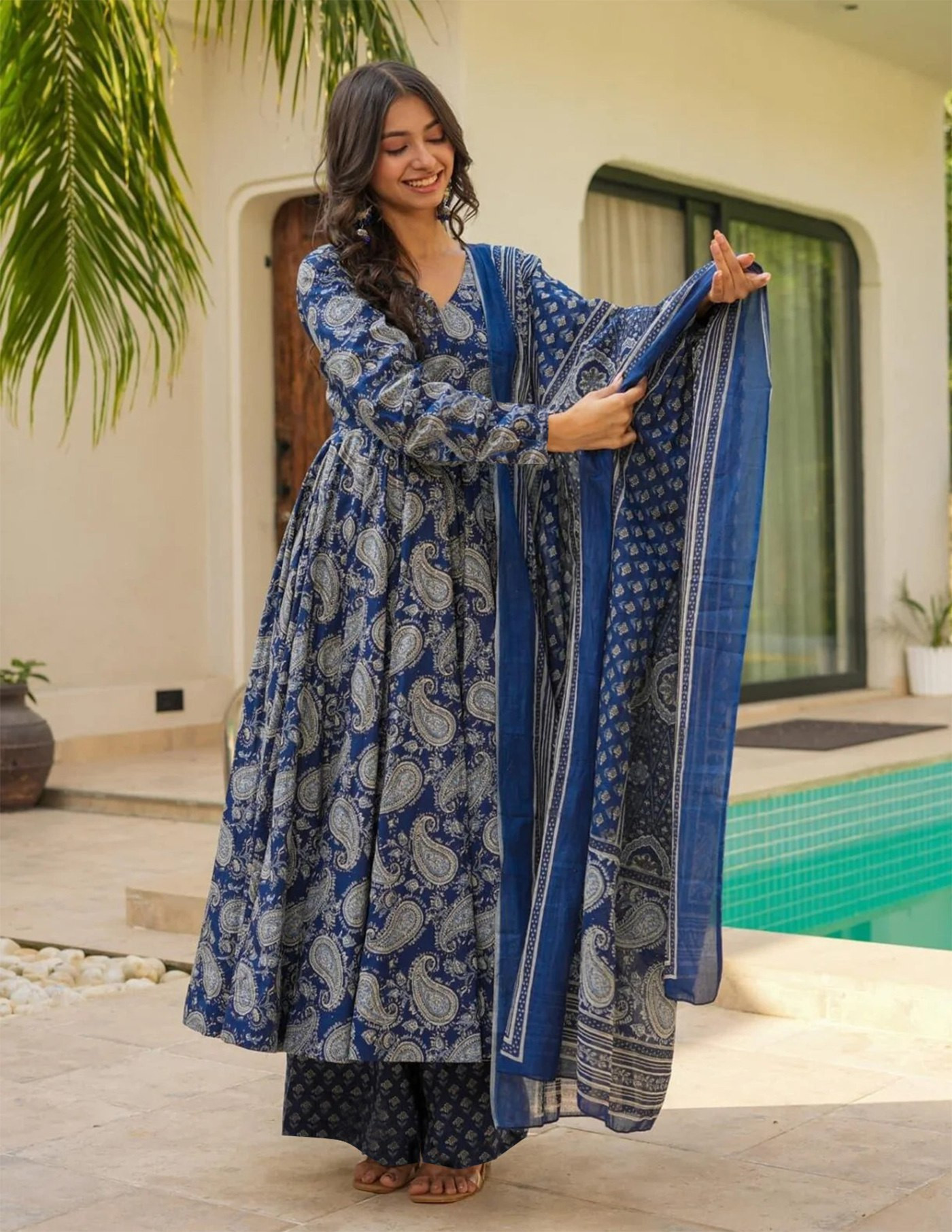 Elegant Blue Rayon Slub Anarkali Pant & Chanderi Dupatta Set for Women