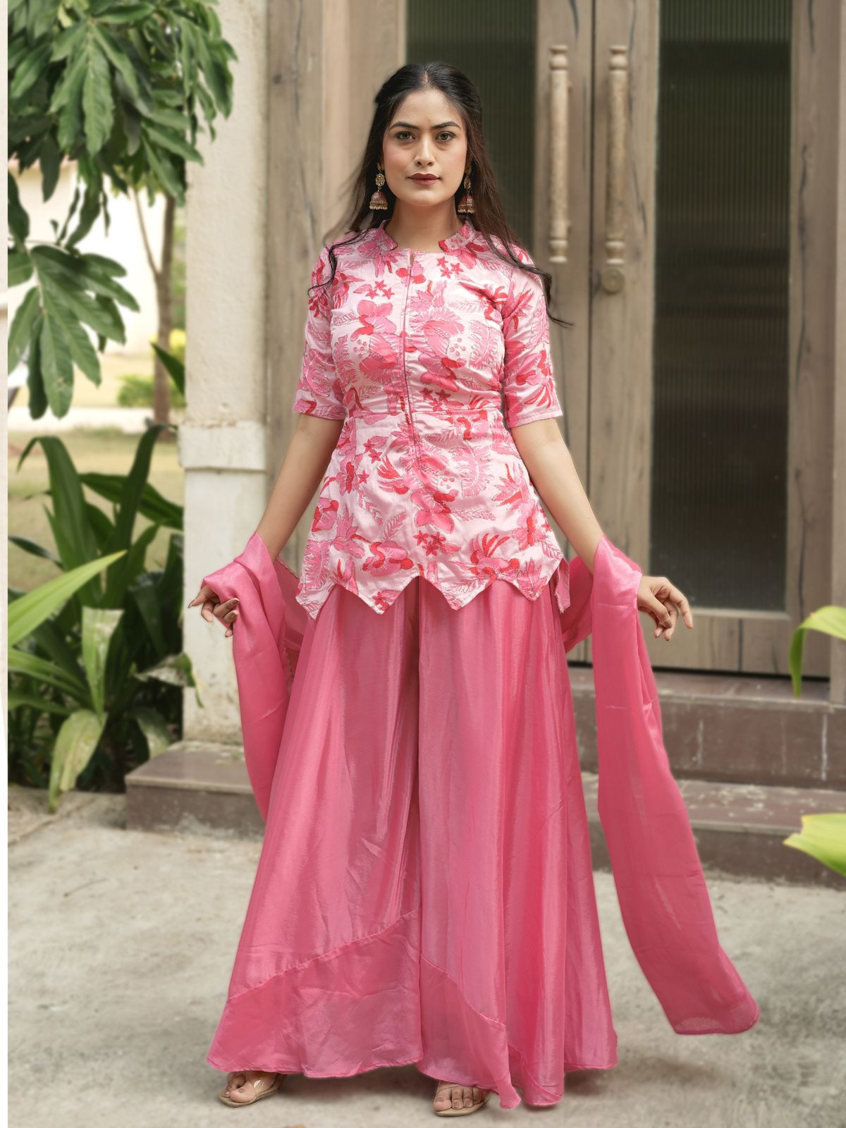Fancy Chinon Top-Plazo Set with Dupatta | Printed & Embroidered Festive Set