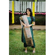 Women’s Cerulean Jacquard Kurta Pant Dupatta Set with Lace Border