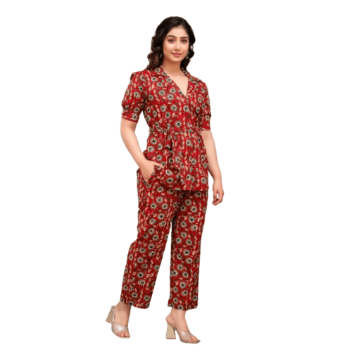 Women's Pure Cotton Maroon Coloured Floral Printed Co-ord Sets