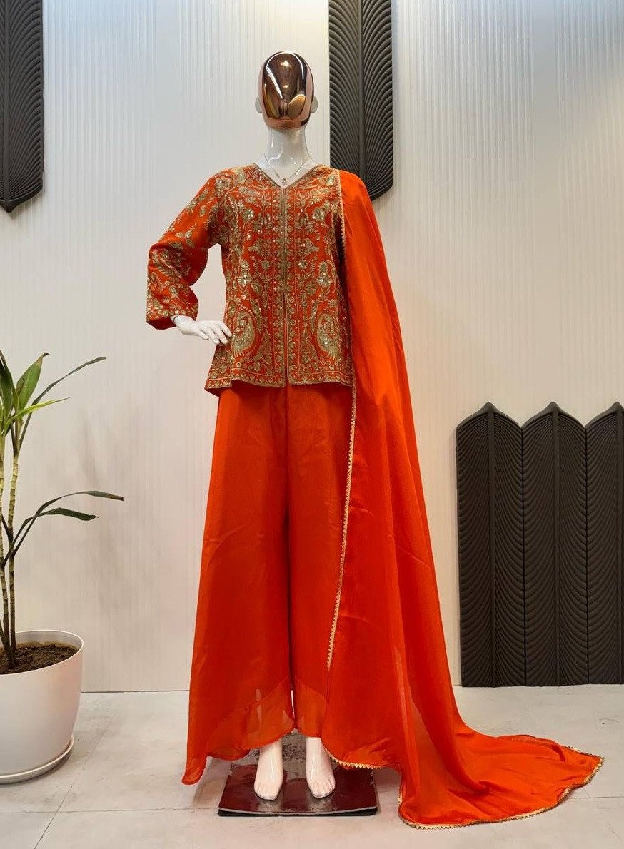 DESIGNER WEAR TRENDING  TOP WITH SEQUANCE EMBROIDERY WORK WITH PLAZO AND DUPATTA
