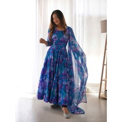 Purple Daisy Printed Georgette Stitched Anarkali Gown with Dupatta – Full Sleeve | Elegant Party & Festive Wear