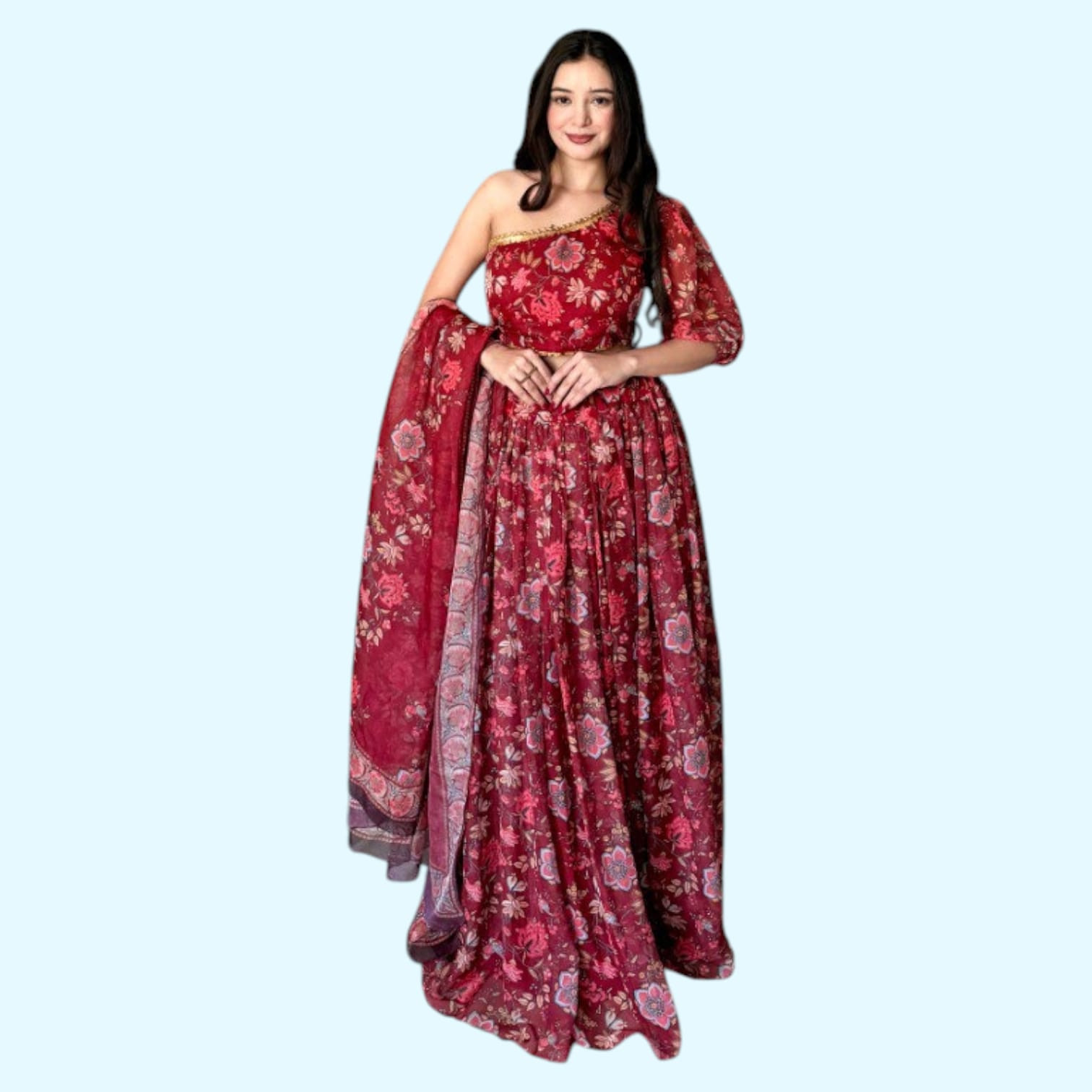 Royal Red Floral One-Shoulder Lehenga Set – Timeless Elegance