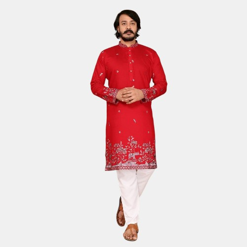 Men’s Heavy Linen Cotton Embroidered Kurta Pyjama Set | Festive & Wedding Wear