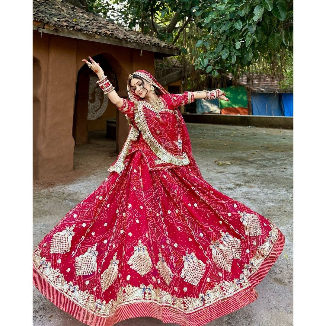 Red Bandhani Embroidered Satin Lehenga Dhavani Set