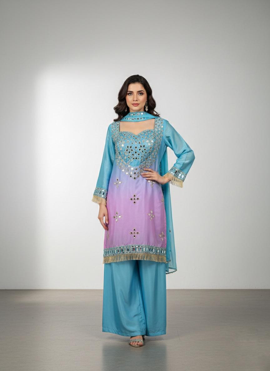 Designer Chinon Silk Real Mirror Work Kurta Palazzo Set with Dupatta – Premium Festive Wear