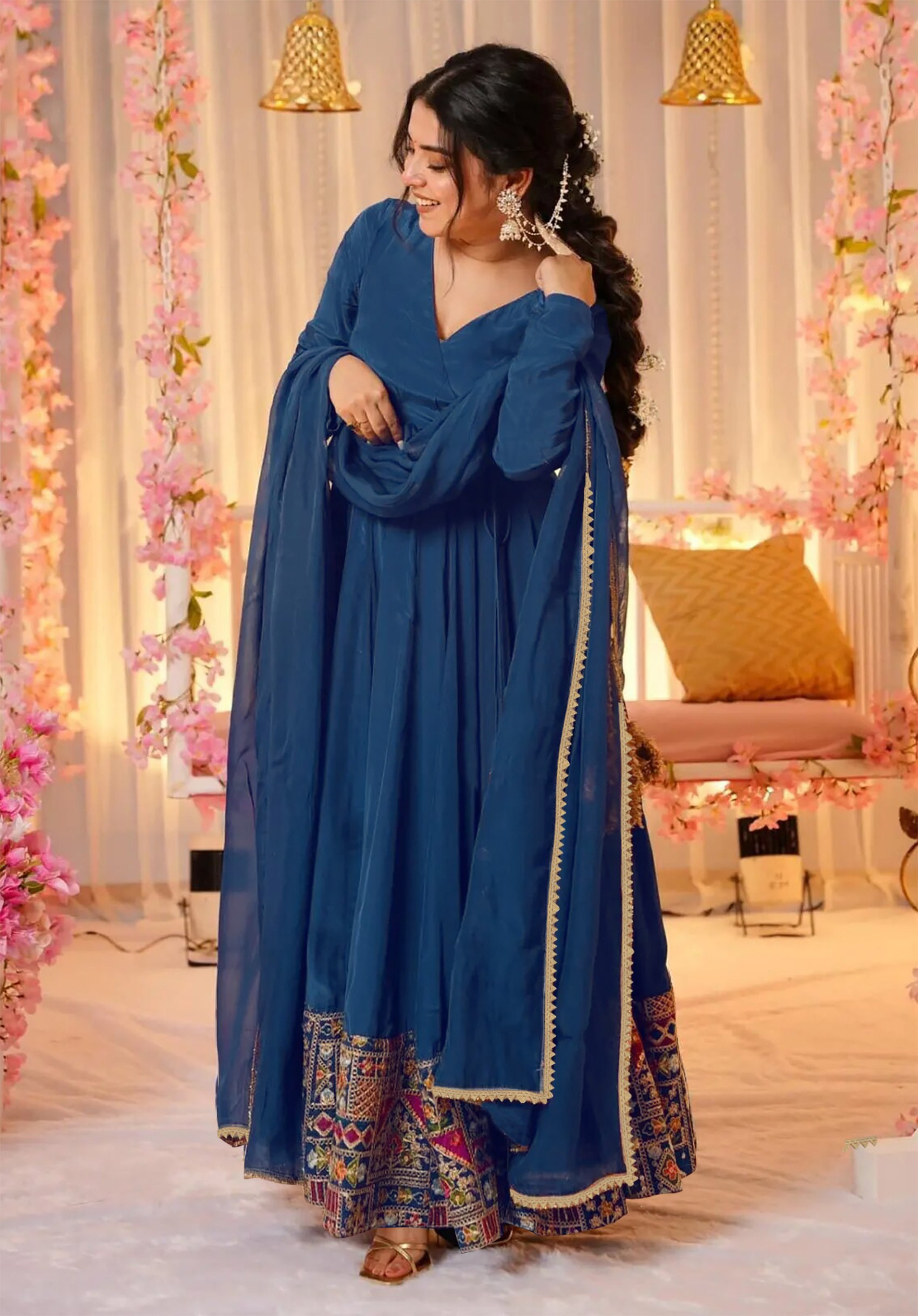 Embroidered Georgette Stitched Anarkali Gown with Dupatta – Blue | Full Sleeve, Party Wear