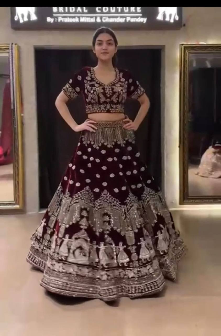 Wedding Special 9000 Velvet Lehenga with Heavy Coding Sequins Work | 4 Meter Flare | Dual Dupatta | Double Cancan & Canvas Patta