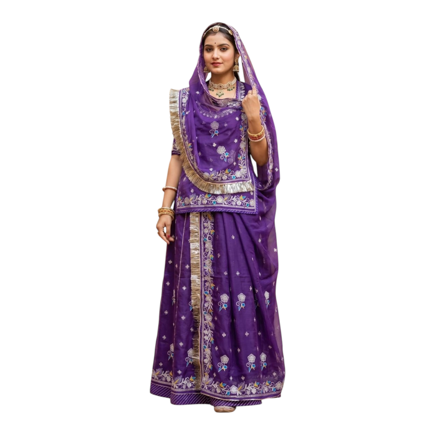 Traditional Rajputi Poshak Unstitched Roman Simmar Suit with Zari Work & Japani Tora Odhna