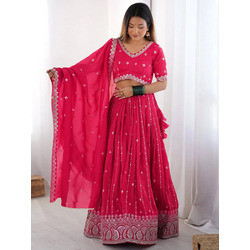 Embellished Semi-Stitched Pink Georgette Lehenga Choli with Dupatta