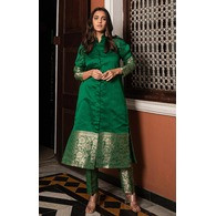 Elegant Women’s Jacquard Kurta Pant Dupatta Set – Green, Weaving Work, 3/4 Sleeves