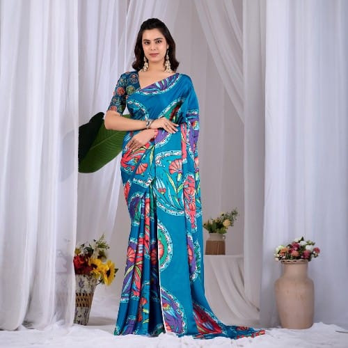 Elegant Teal Blue Floral Print Satin Georgette Saree with Blouse