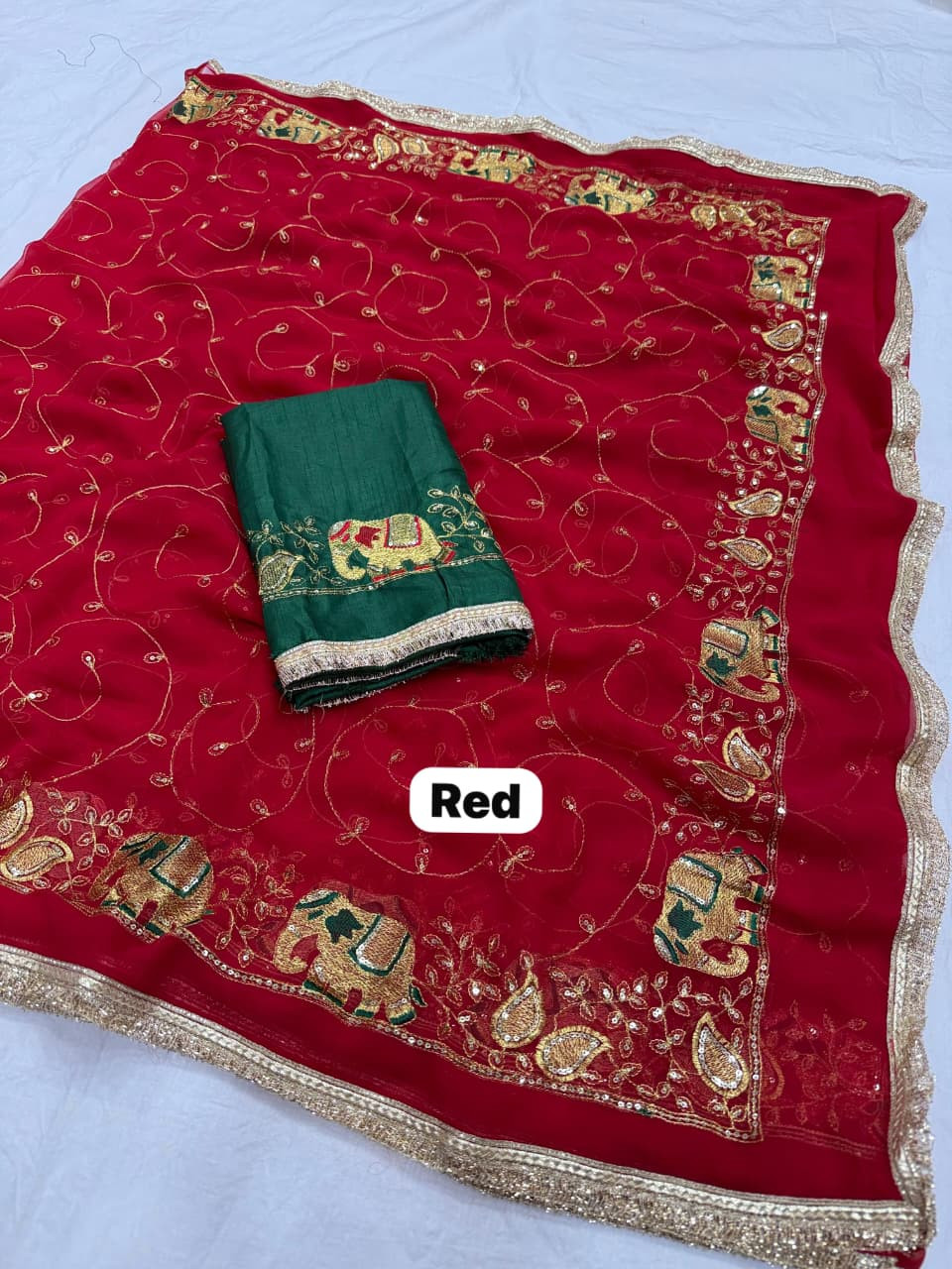 Elephant Embrodried Royal Georgette Darbari Saree with Unstitch Blouse