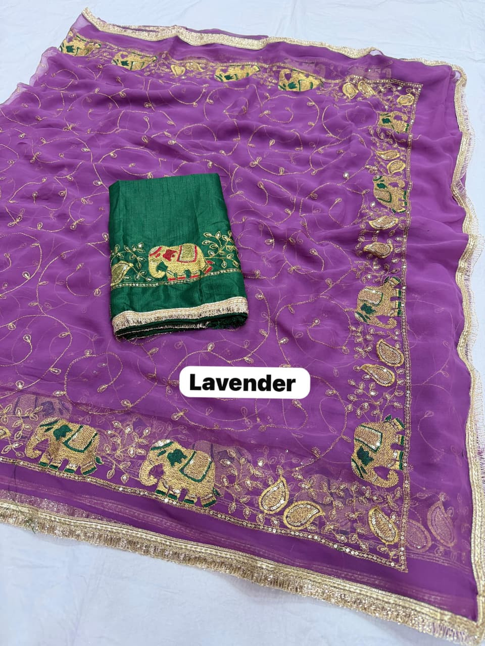 Elephant Embrodried Royal Georgette Darbari Saree with Unstitch Blouse