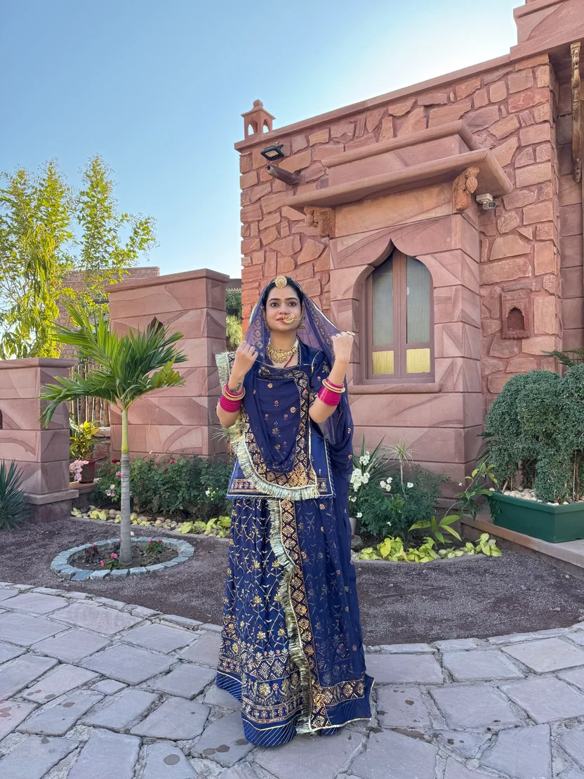 Blue Satin Rajputi Poshak Traditional Lehanga Set