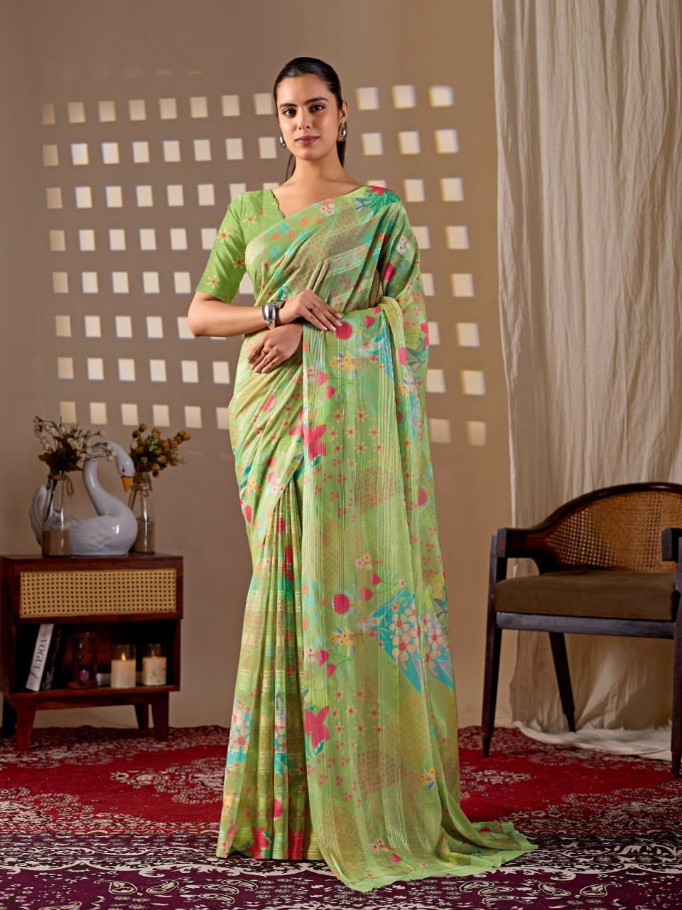 Premium Pista Green Monsoon Saree with Multicolor Floral Digital Print & Matching Blouse