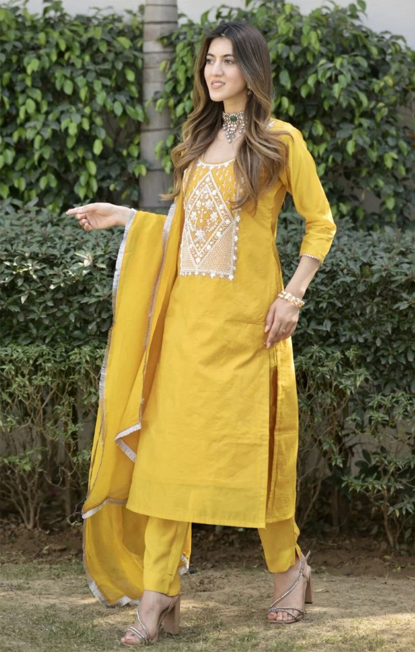 Premium Yellow Malhar Cotton Silk Kurta Set | Hand Embroidered Readymade Women’s Kurti Pant Dupatta Set