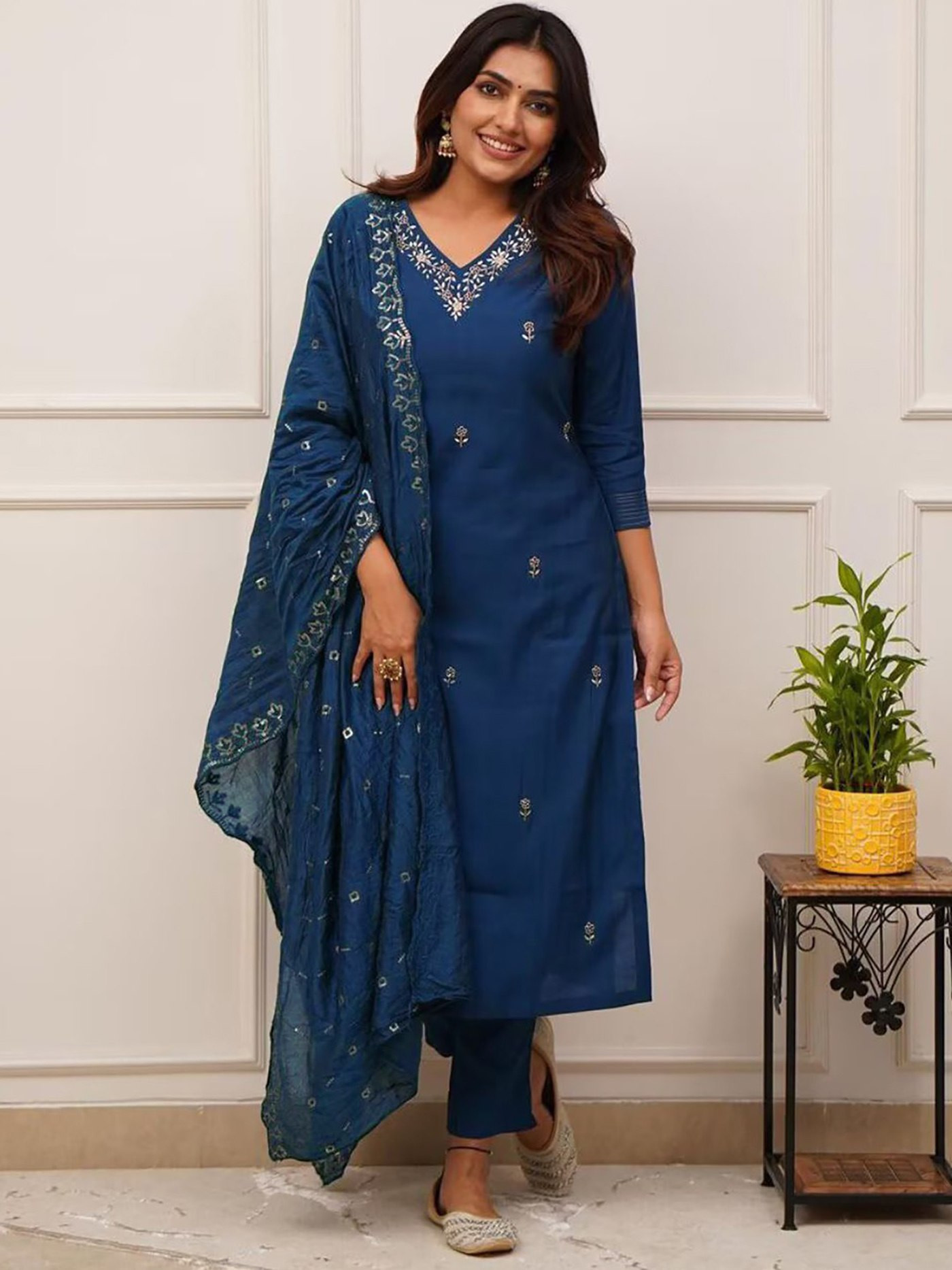 Cerulean Embroidered Kurta Pant Dupatta Set for Women | Tesla Fabric Ethnic Wear