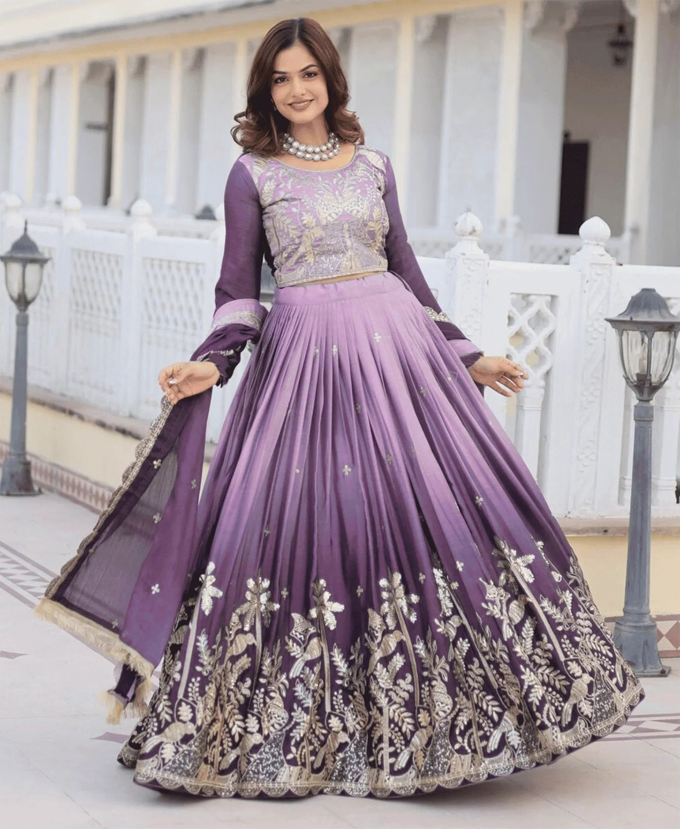 Embellished Lavender Semi-Stitched Lehenga Choli with Zari & Sequins Work