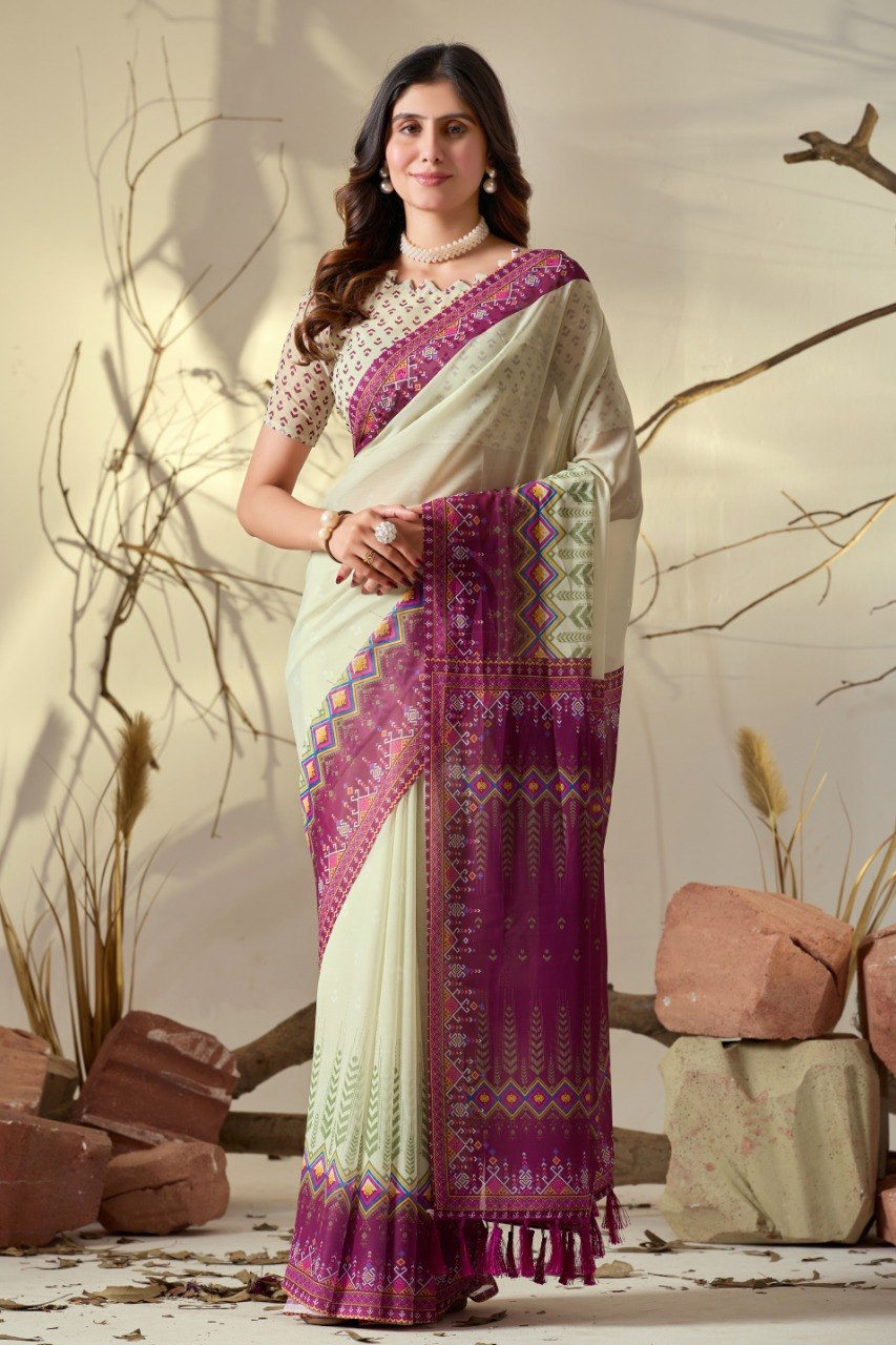 Elegant Cream & Deep Pink Geometric Digital Print Soft Georgette Saree with Tassel Pallu