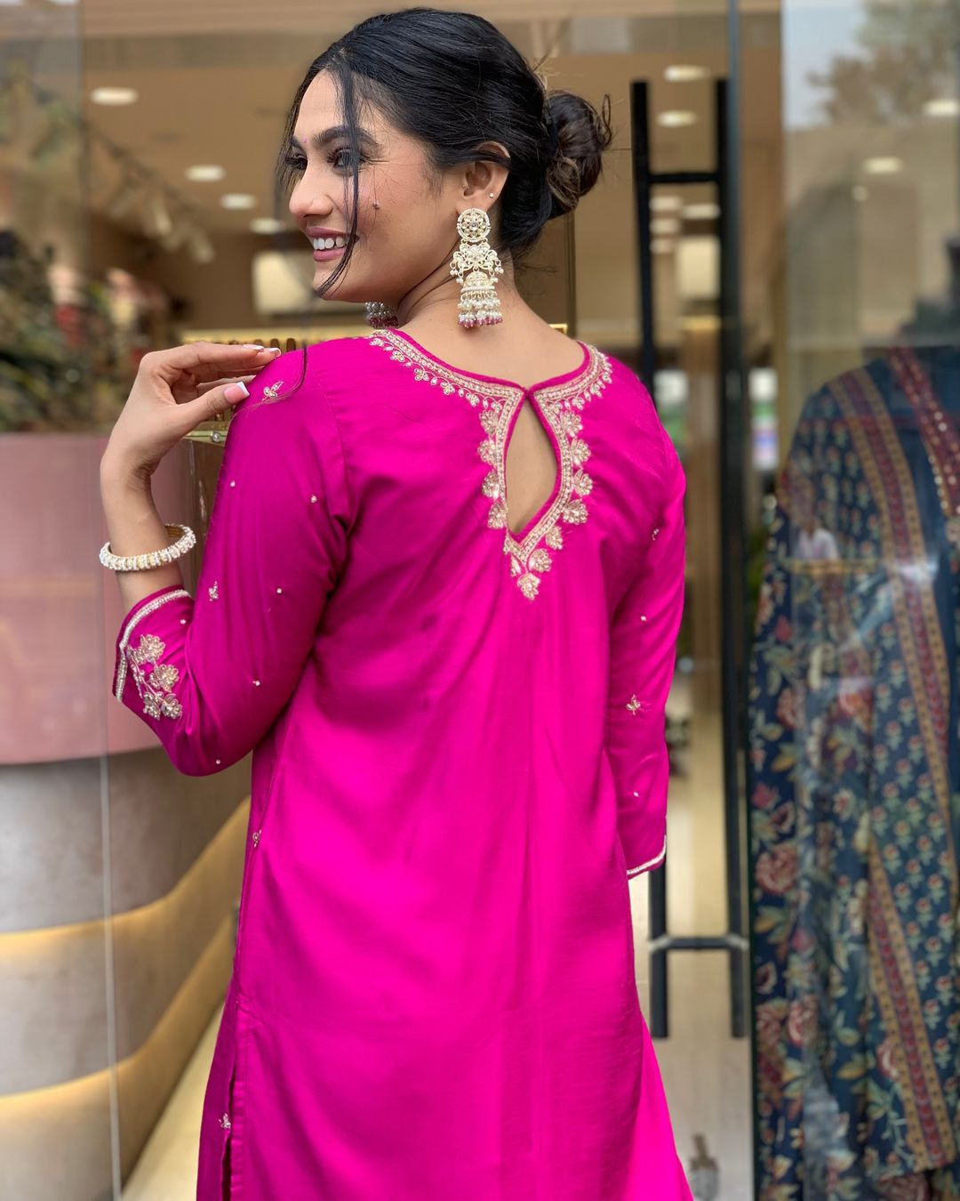 Pink colour silk suit set for women