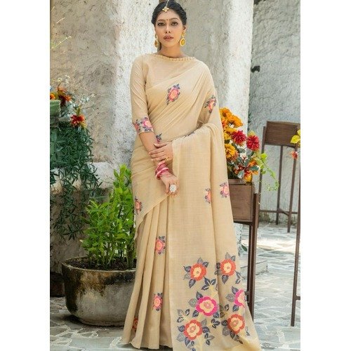 Floral  Linen Printed Saree With Printed Blouse