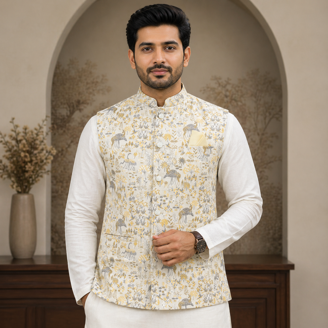 Light Grey Jacquard Nehru Jacket for Men | Designer Ethnic Koti | Wedding & Festive Wear