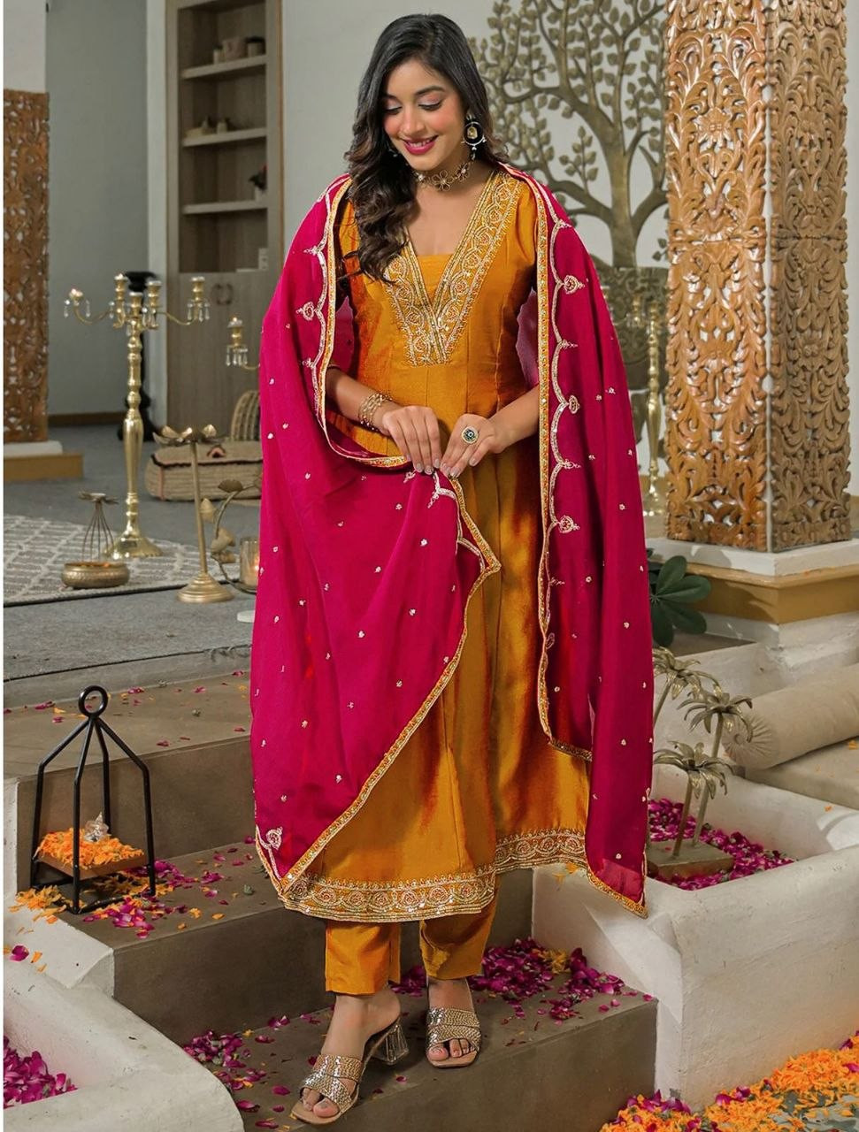 Elevate Your Ethnic Wardrobe with Our Trendy Vichhitra Silk Anarkali Kurti Pant Set