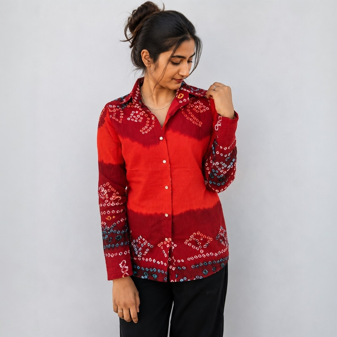 Women's Pure Cotton Maroon Red Bandhej Tie-Dye Shirt