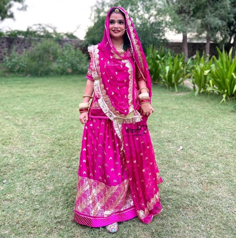 Satin Suit Rajputi Poshak Pink Coloured With Heavy Boder And Neck And Sleeves Work