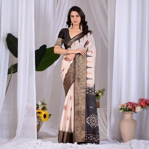 Elegant Cream & Black Lichi Silk Saree with Traditional Motifs