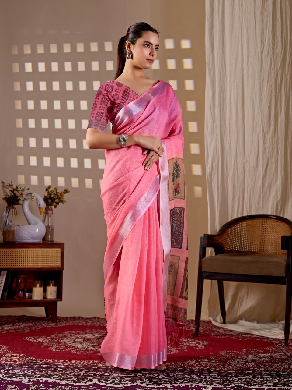 Elegant Pink Linen Cotton Saree | Digital Print Pallu | Contrast Border | Women's Ethnic Wear