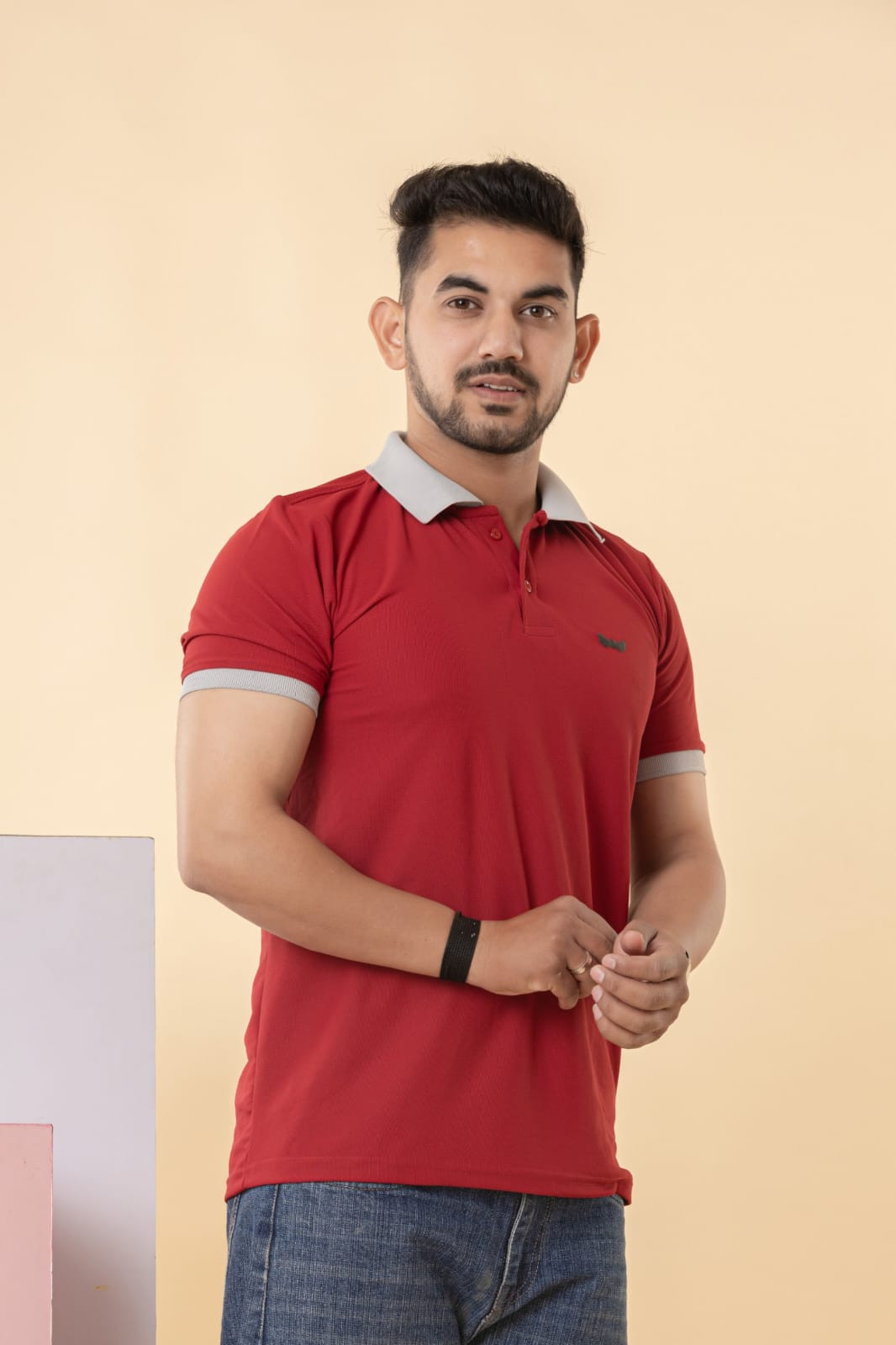 Sky of Stars Men's Red Polo T-Shirt with Grey Contrast Collar