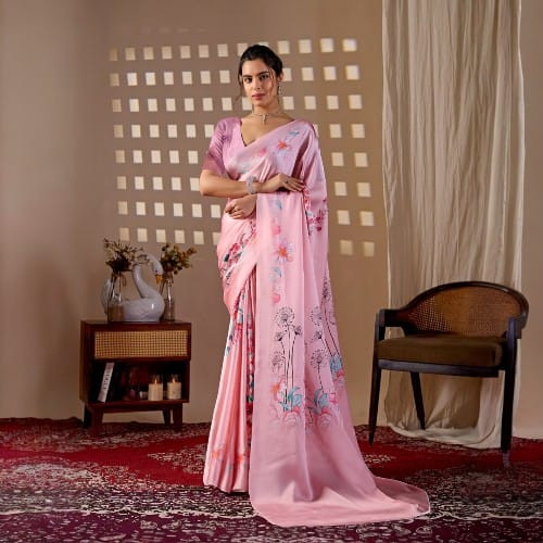 Elegant Pastel Pink Floral Digital Print Satin Georgette Saree with Blouse