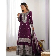 Amrutam Women’s Embroidered Chinon Kurta Sharara Set with Dupatta – Purple Trendy Ethnic Wear