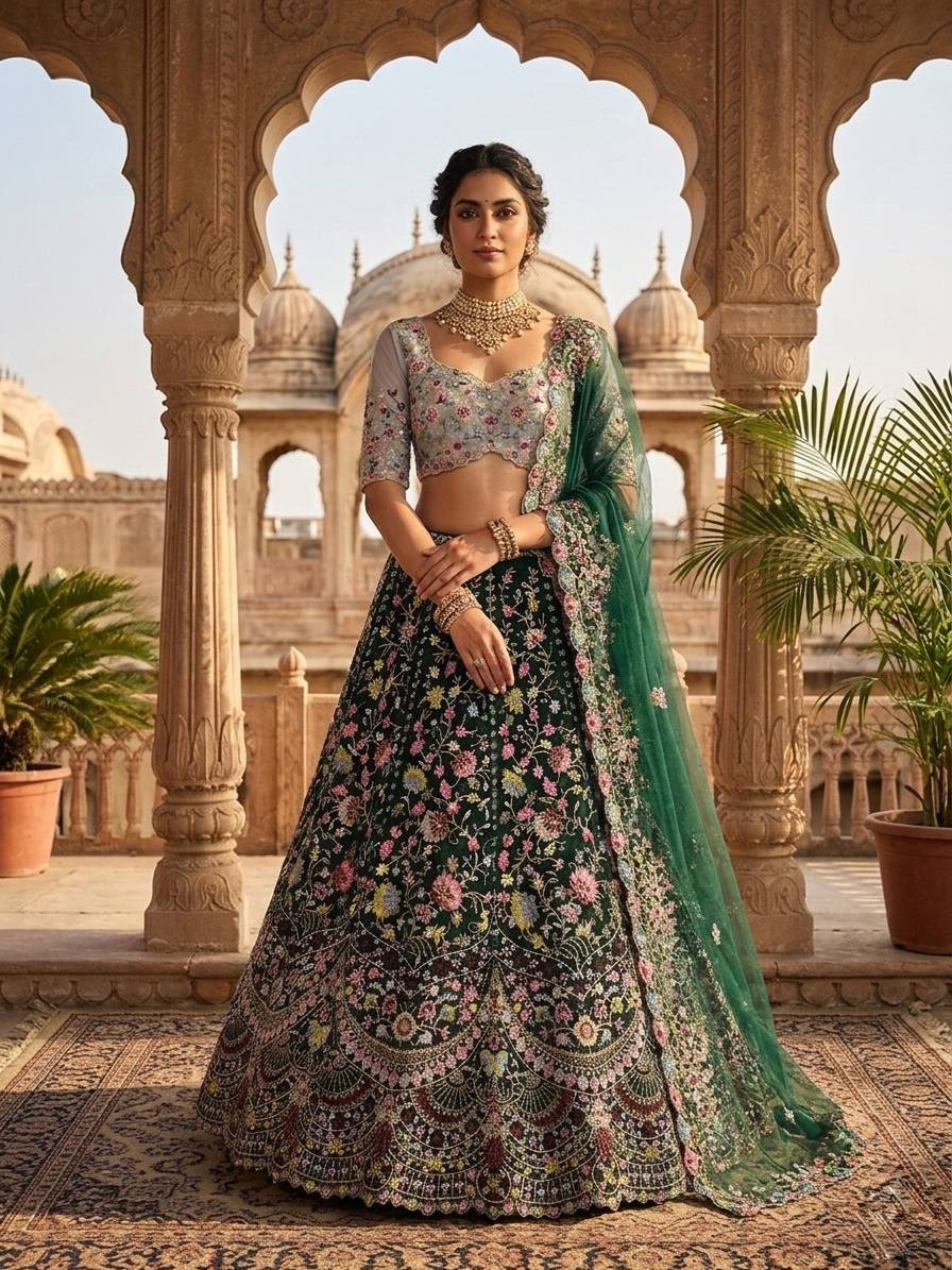 4 Meter Flared Semi-Stitched Bridal Wear Lehenga with Butterfly Net Dupatta