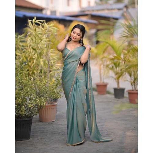 Beautiful Art Silk Golden handwork lace with saree  For Women