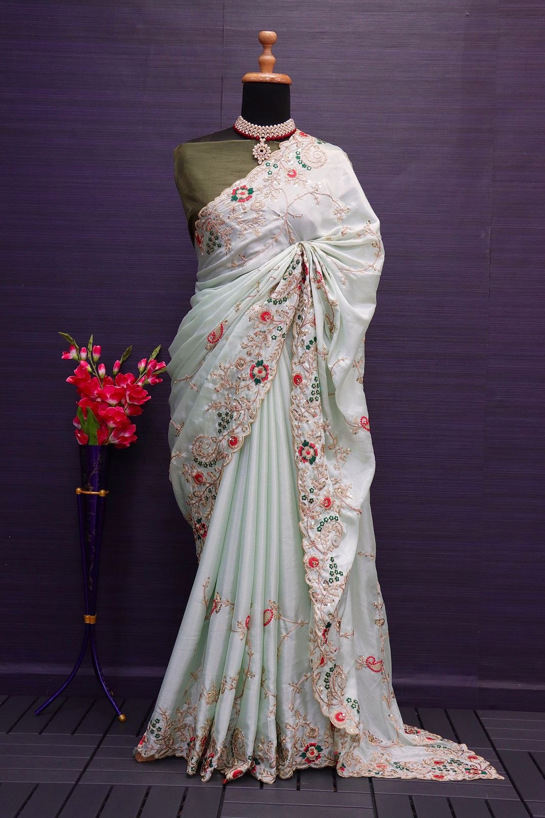 Chinon Silk With Embriodery Codding And Sequence Work Saree