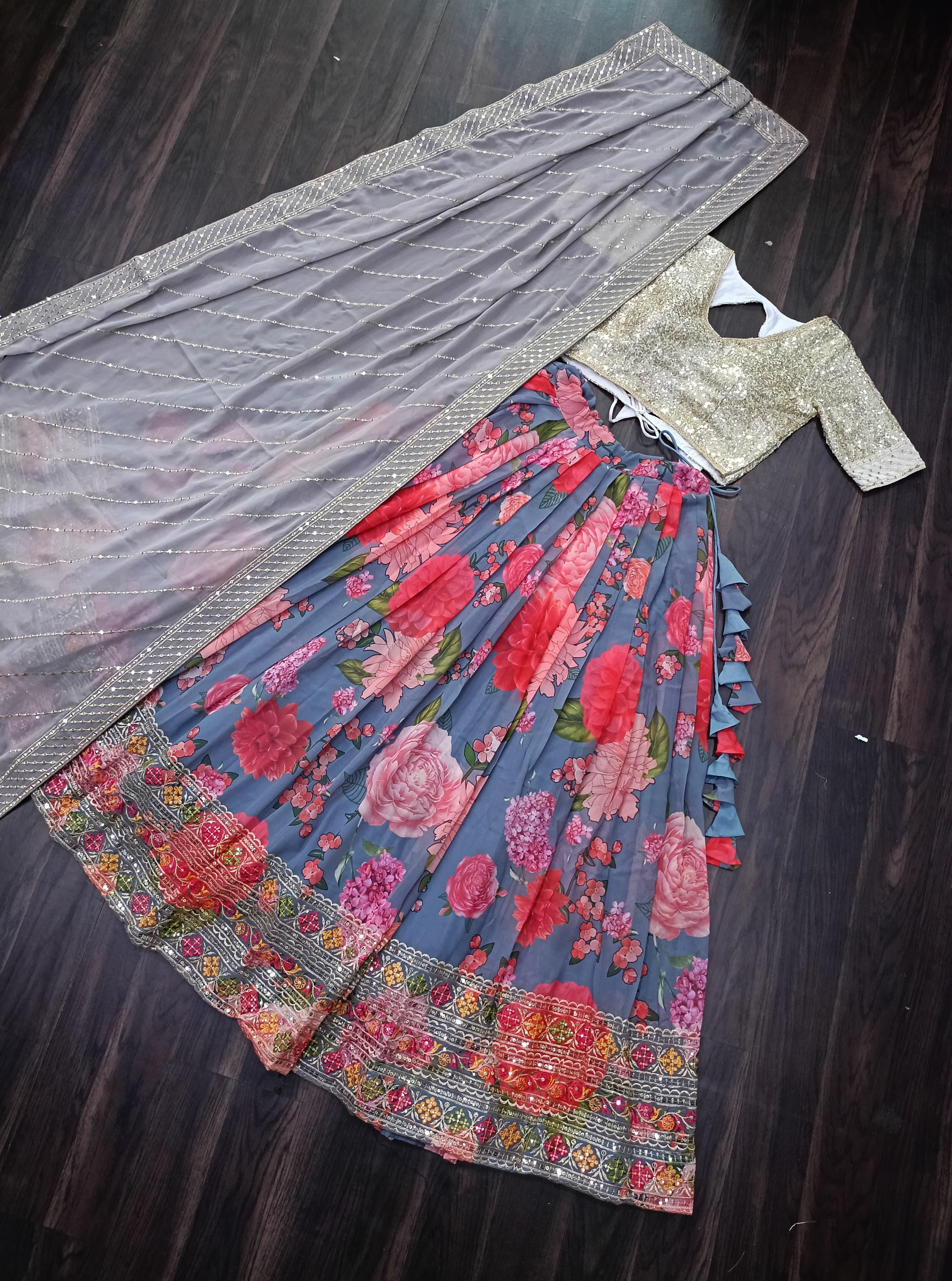 Wedding Occasions Kalamkari, Sequins Printed  Lehenga Set