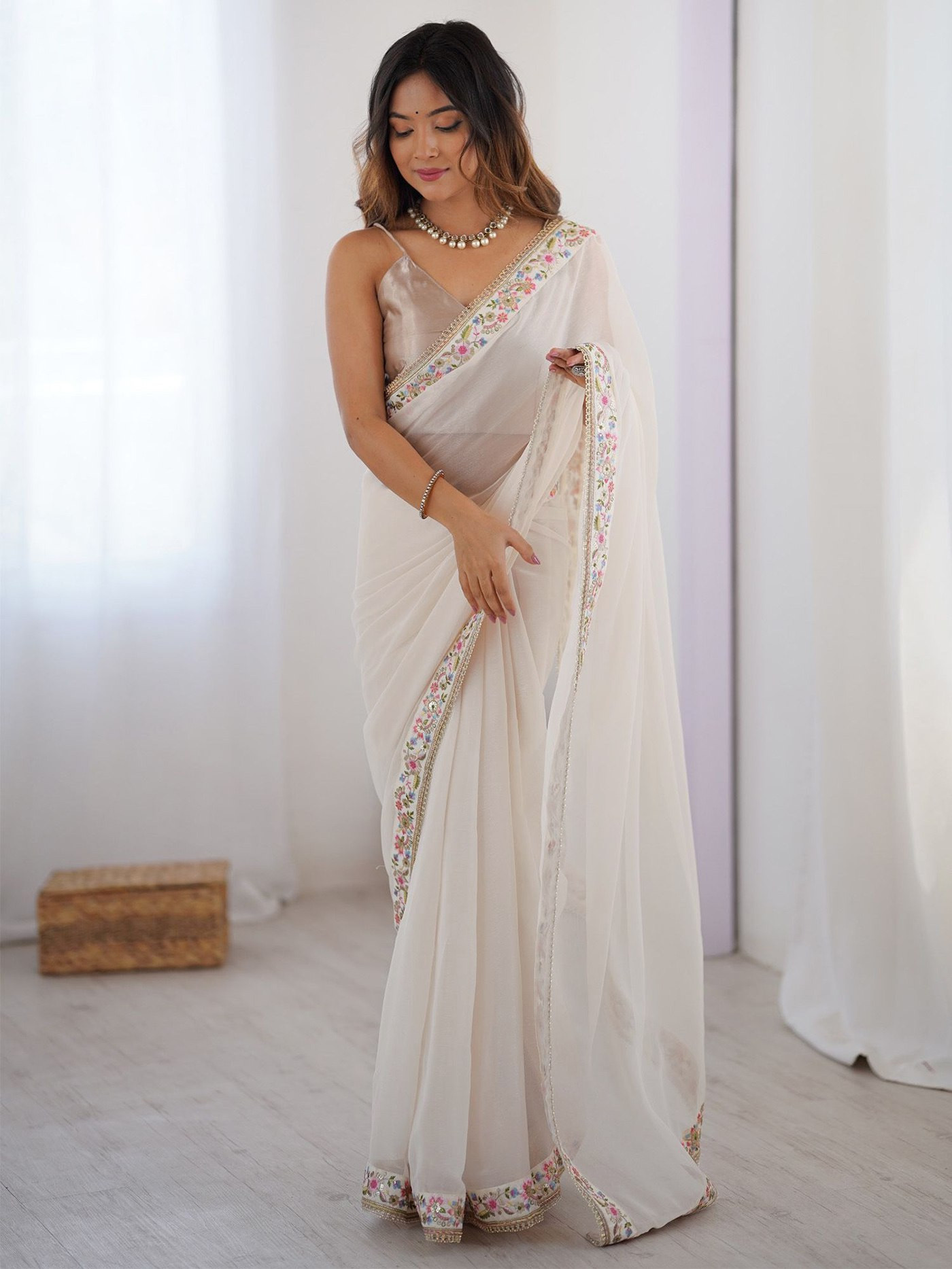 Diamond White Party Wear Georgette Saree with Embroidered Blouse