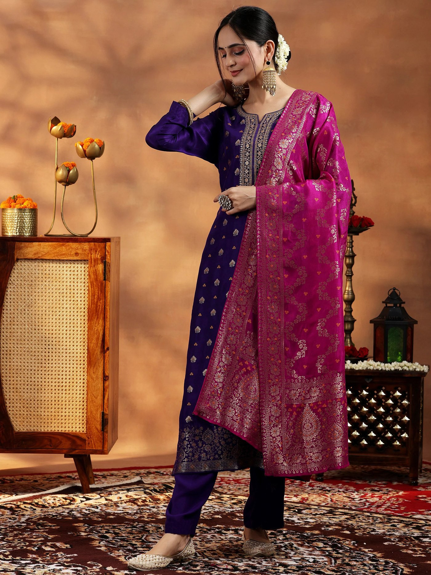 Violet Wooglee Art Silk Suit Set with Embroidery & Jacquard Weaving | Designer Kurta Pant Dupatta Set for Women