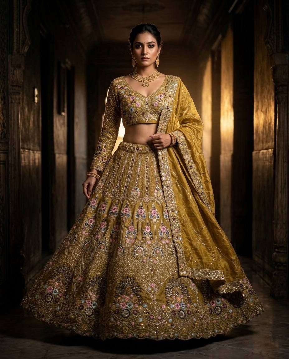 4m Gold Crush Flared Lehenga with Can-Can & Canvas - Luxury Indian Wedding Attire