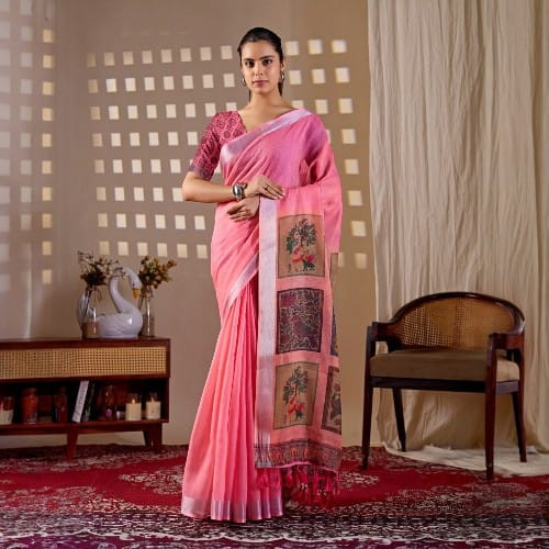 Elegant Pink Linen Cotton Saree | Digital Print Pallu | Contrast Border | Women's Ethnic Wear
