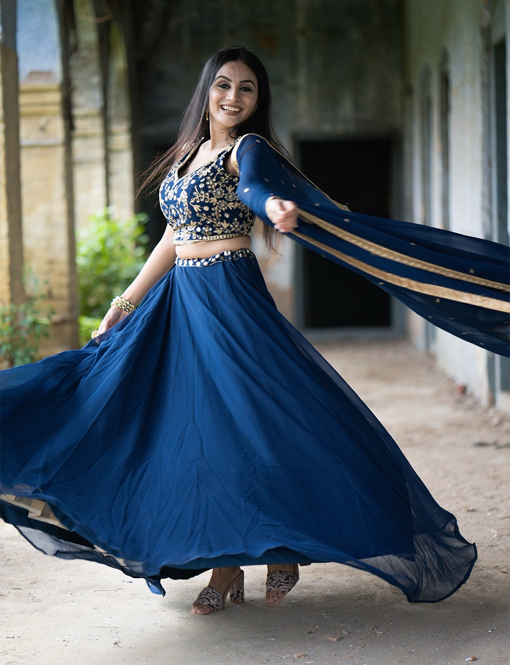 Blue Coloured Festive Season Lahanga Choli With Exquisite Sequence And Thread Work