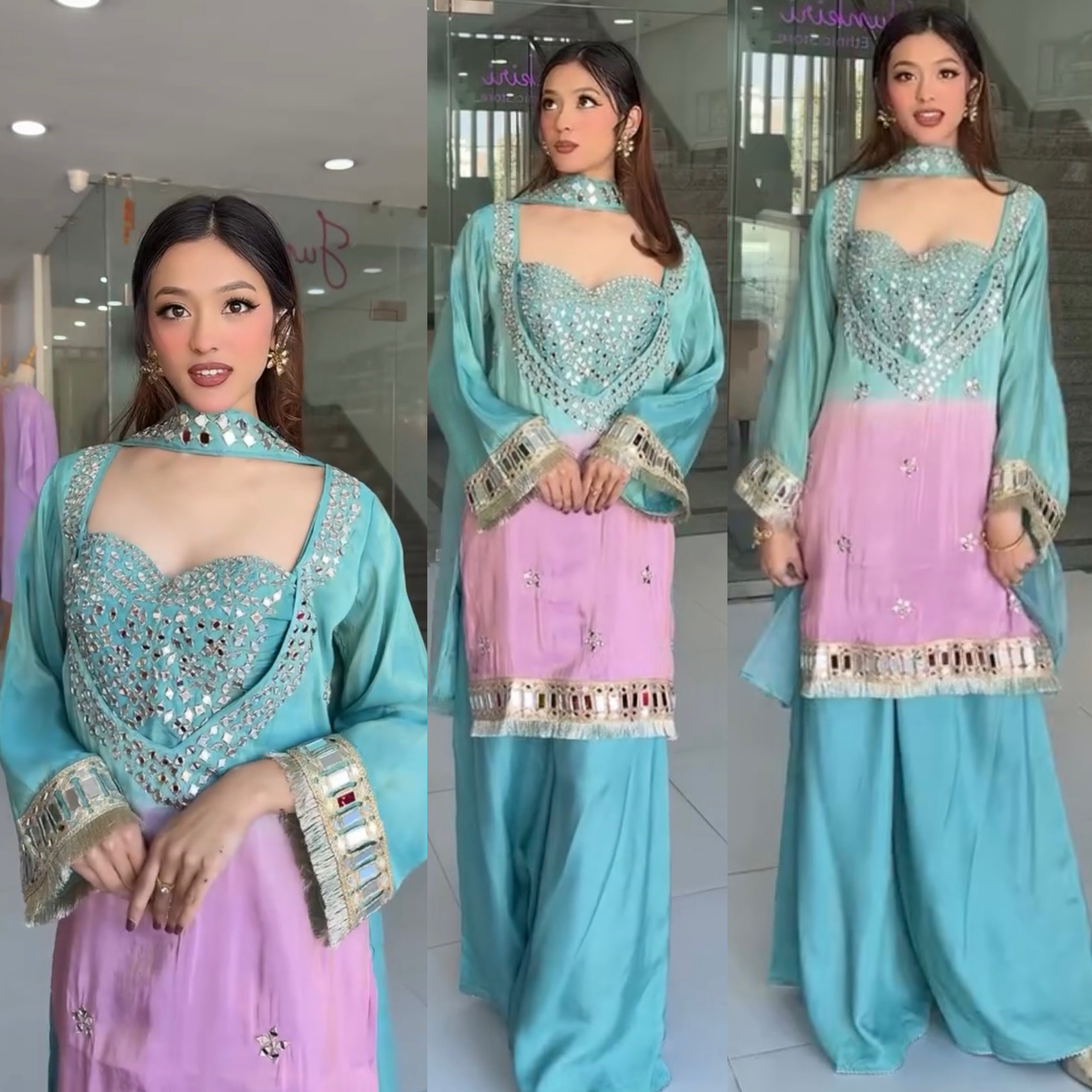 Designer Chinon Silk Real Mirror Work Kurta Palazzo Set with Dupatta – Premium Festive Wear