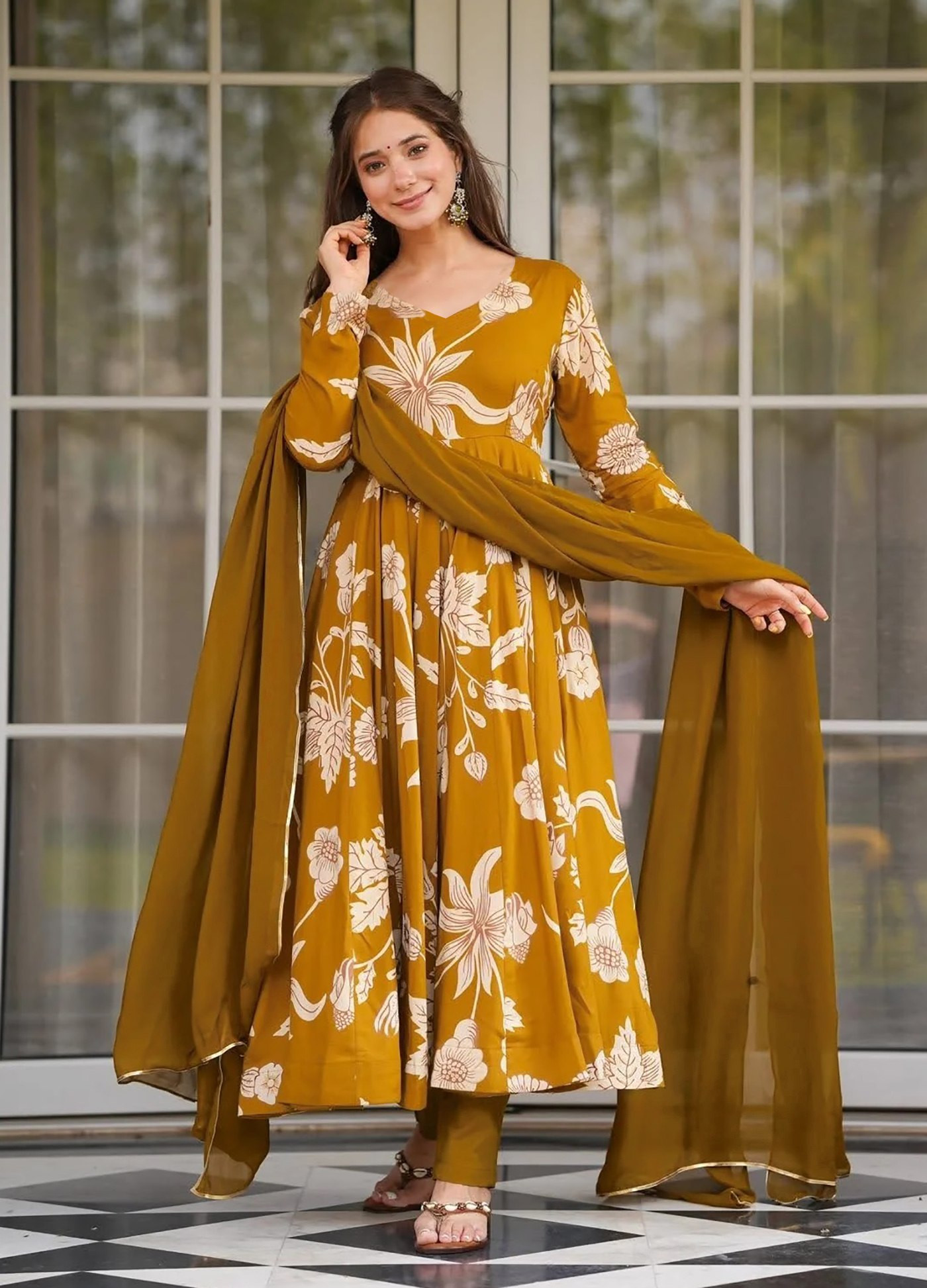 Elegant Yellow Rayon Slub Printed Anarkali Pant Dupatta Set for Women