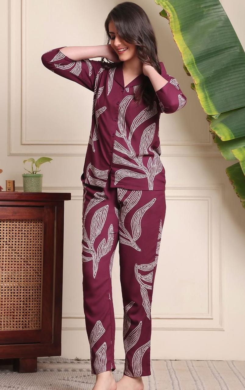 Purple Abstract Night Suit Set For Women