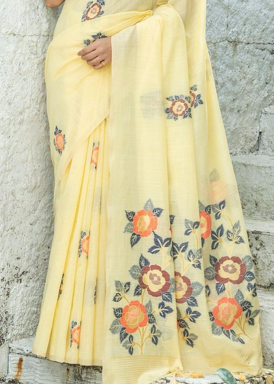 Floral  Linen Printed Saree With Printed Blouse