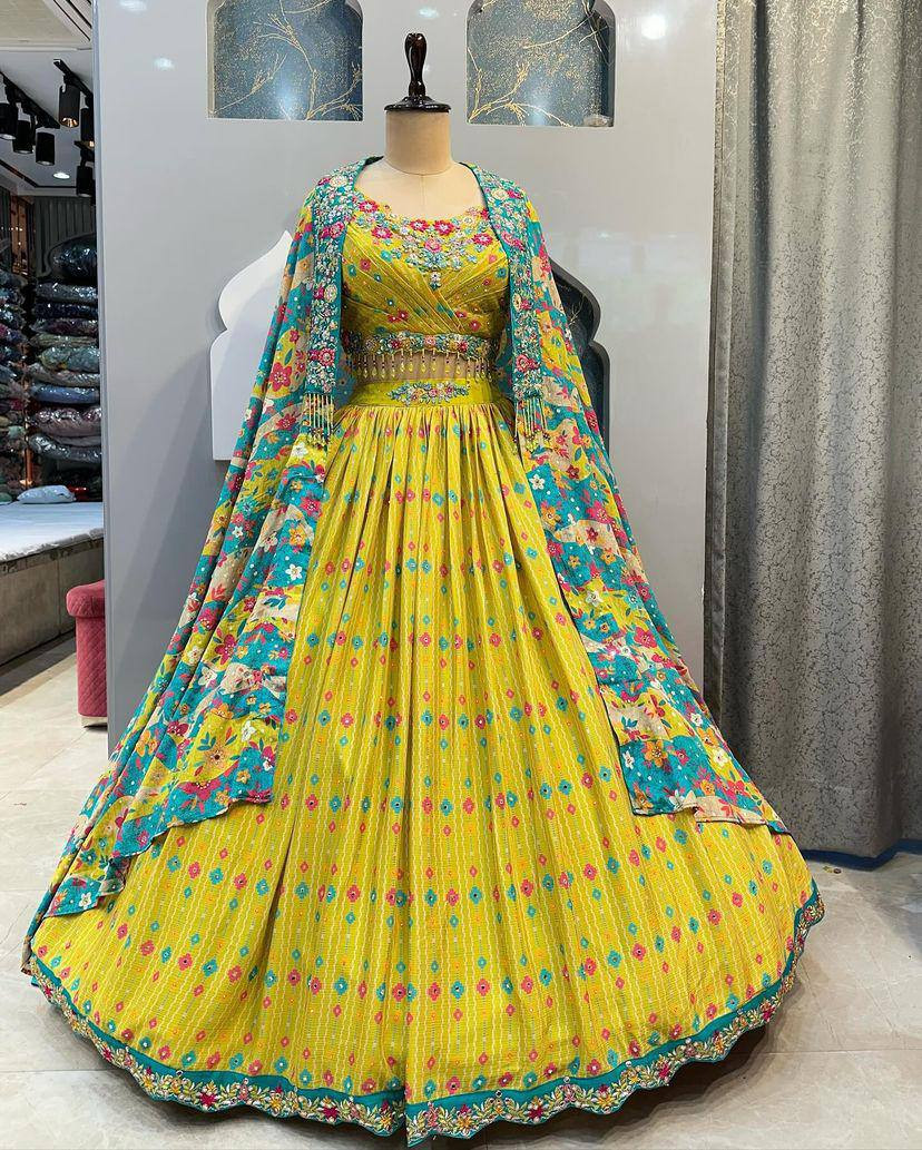 Luxury 4 Meter Flared Chinon Silk Lehenga Set with Sequins Embroidery, Can-Can & Canvas Layer – Semi-Stitched Bridal & Party Wear